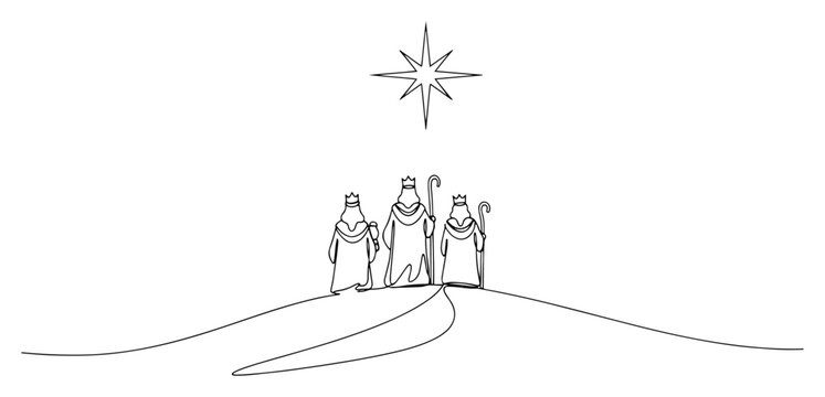 Three Wise Men walking towards the Star of Bethlehem Nativity scene vector illustration in minimalist black and white line art style