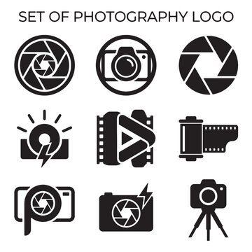 Versatile set of modern photography logo icons featuring camera, aperture, film, flash, and tripod silhouette designs in a clean, minimalist style for branding and creative projects.