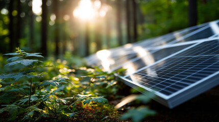 Photovoltaic panels installed in verdant forest defocused woodland background clean alternative energy concept sustainable power source environmental generator solar