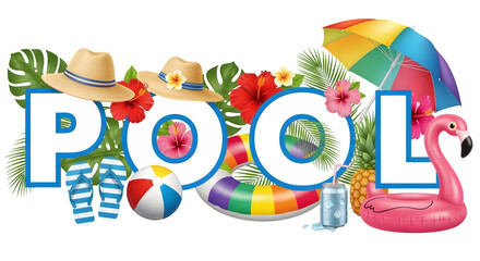 Colorful pool party scene with text POL surrounded by summer icons and tropical foliage vacation holiday isolated on a transparent background
