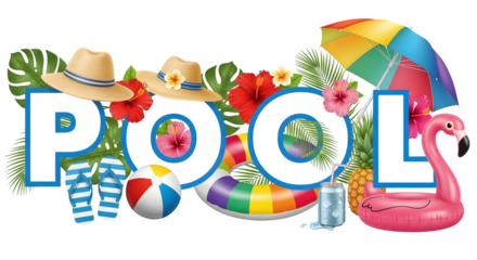 Colorful pool party scene with text POL surrounded by summer icons and tropical foliage vacation holiday isolated on a transparent background