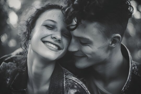 Smiling couple embraces outdoors in black and white portrait