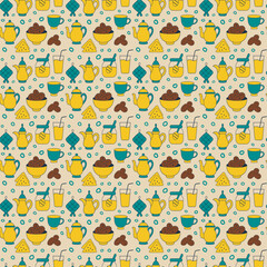 Iftar Suhoor Food and Drink Doodle Pattern. A cheerful and festive pattern featuring doodle illustrations of typical food and drinks for Suhoor (pre-dawn meal) and Iftar (breaking fast).