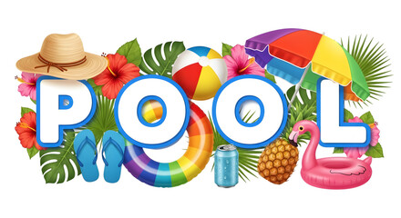 Colorful Pool Scene with Text POL Tropical Flowers and Summer Accessories word isolated on a transparent background