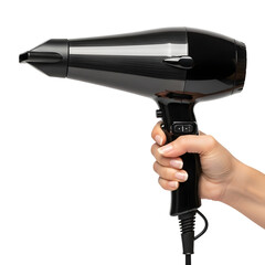 Hand Holding a Black Professional Hair Dryer with Power Cord hairdryer styling isolated on a transparent background