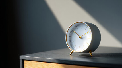 Minimalist round white and gold alarm clock on wooden surface with dramatic light and shadow contrast in modern interior
