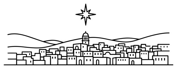 Biblical city of Bethlehem under the Christmas star vector illustration in minimalist line art style