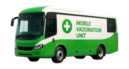 Mobile vaccination unit featuring a vibrant green and white design with prominent signage.