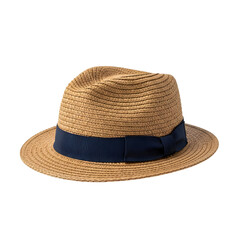 Straw Fedora Hat with Navy Blue Ribbon Band Isolated on Black Background panama trilby isolated on a transparent background