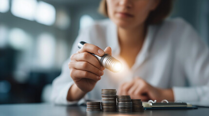 Businesswoman holding illumination device while taking notes faceless professional defocused workspace background coins stack table saving energy money concept financial