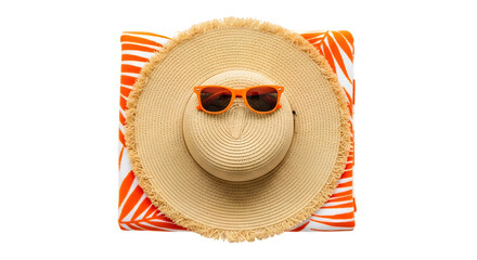Straw sun hat and orange sunglasses on a striped beach towel with palm leaf pattern straw hat summer hat isolated on a transparent background