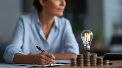 Businesswoman holding illumination device while taking notes faceless professional defocused workspace background coins stack table saving energy money concept financial