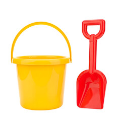 Yellow Plastic Bucket and Red Plastic Shovel for Beach Play on Black Background beach bucket sand shovel isolated on a transparent background