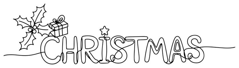 Word Christmas typography design with holly berry branch and small gift box continuous line drawing vector illustration