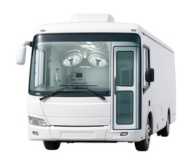 Naklejka premium Mobile surgical bus featuring a sterile operating space and overhead lights.