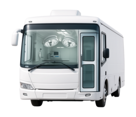 Mobile surgical bus featuring a sterile operating space and overhead lights.