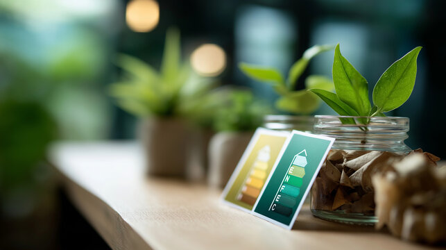 Energy efficiency rating labels promoting low consumption defocused sustainable background efficient products reducing carbon footprint lower emissions concept green eco friend