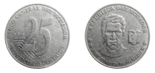 Ecuador twenty five centavos coin on a white isolated background