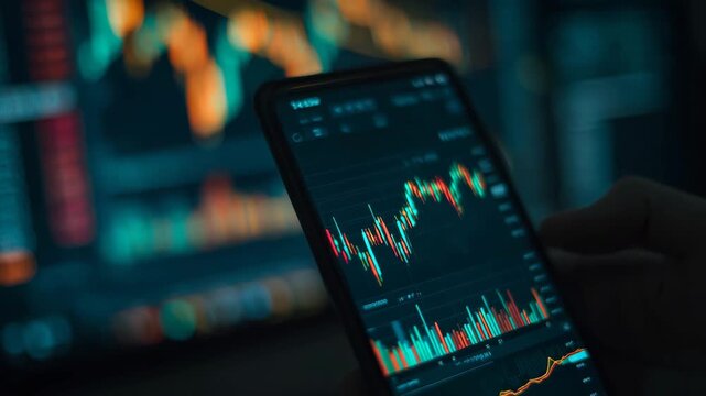 Close up of mobile phone with stock market charts showing financial volatility investment analysis and real time trading data in modern fintech environment
