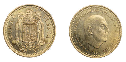 Spain one peseta coin on white isolated background