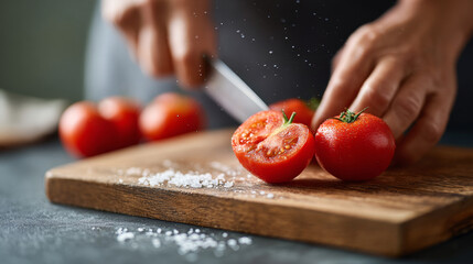 Close-up of hands slicing fresh ripe tomatoes on wooden cutting board with coarse salt sprinkled around in kitchen setting