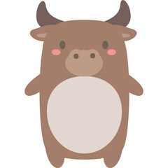Cute Brown Cartoon Ox Standing With Pink Cheeks And Dark Horns Simple Flat Illustration With Transparent Background