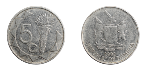 Namibia five cents coin on white isolated background