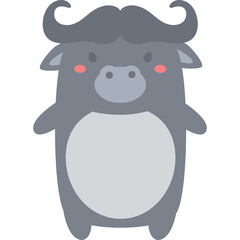 Cute Cartoon Buffalo Standing With A Gray Body And Light Gray Belly Fluffy Dark Gray Mane And Horns With Pink Cheeks Transparent Background