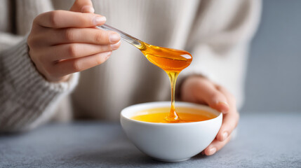 Close-up of person holding spoon dripping golden honey into white bowl on gray surface with soft background