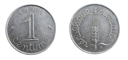 France one centime coin on a white isolated background