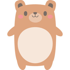 Cute cartoon brown bear with pink cheeks and a light beige belly standing on a transparent background with a simple friendly expression