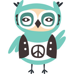 Cartoon Teal Owl Wearing a Vest with Peace Symbol Transparent Background