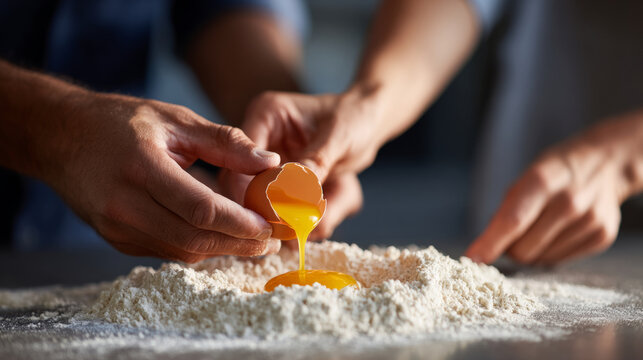 Close-up of hands cracking an egg into a mound of flour on a kitchen counter for baking preparation