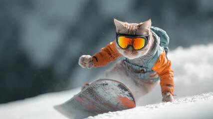 funny snowboarding cat in winter gear speeding through fresh snow humorous winter sports concept perfect for ski season promos and playful alpine content