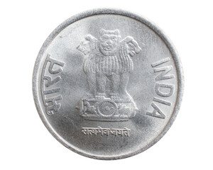 India one rupee coin on white isolated background