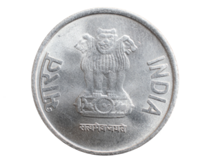 India one rupee coin on white isolated background