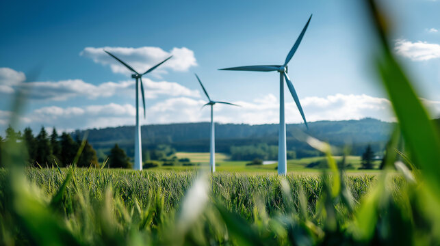 Turbines at horizon in verdant rural landscape defocused agricultural background alternative renewable green energy sustainable power generation clean electricity production