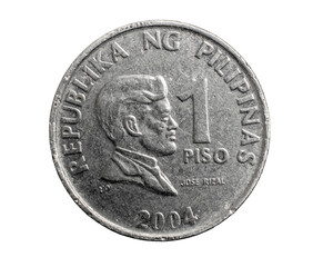 Philippines one piso coin on white isolated background