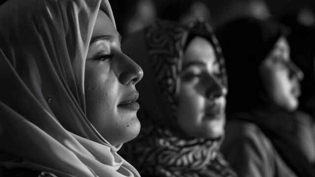 Three Muslim women wearing hijabs looking up with closed eyes in unity and peace.