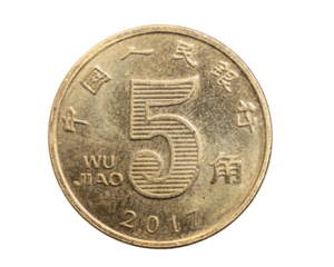 china five jiao won coin on a white isolated background