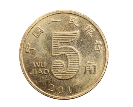 china five jiao won coin on a white isolated background