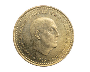 Spain one peseta coin on white isolated background