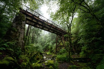 Steel Railway Trestle Bridge Spanning Deep Forest Ravine for Impressive Engineering and Mountainous Landscape Connection
