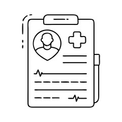 Healthcare data document on clipboard, patient information, medical cross, and vital signs line icon vector