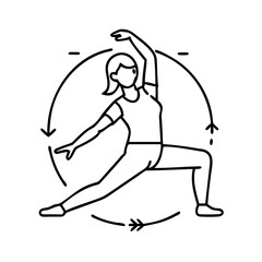 Line art illustration of a woman in a dynamic yoga stretching pose with circular arrows showing movement and flexibility