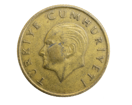 Turkey hundred lira coin on a white isolated background