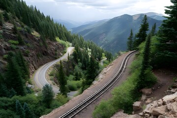 Fototapeta premium Scenic Mountain Railway With Switchback Turns Engineering Achievement Elevated Track Through Alpine Terrain Marvel View