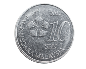 Malaysia ten sen coin on a white isolated background
