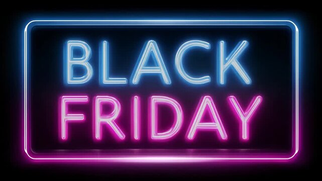 glowing neon black friday sign with blinking light animation retail sale promotion bright blue and pink neon frame on dark background