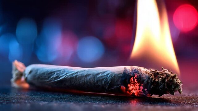 burning joint with glowing embers and colorful bokeh background cannabis smoking concept close up macro